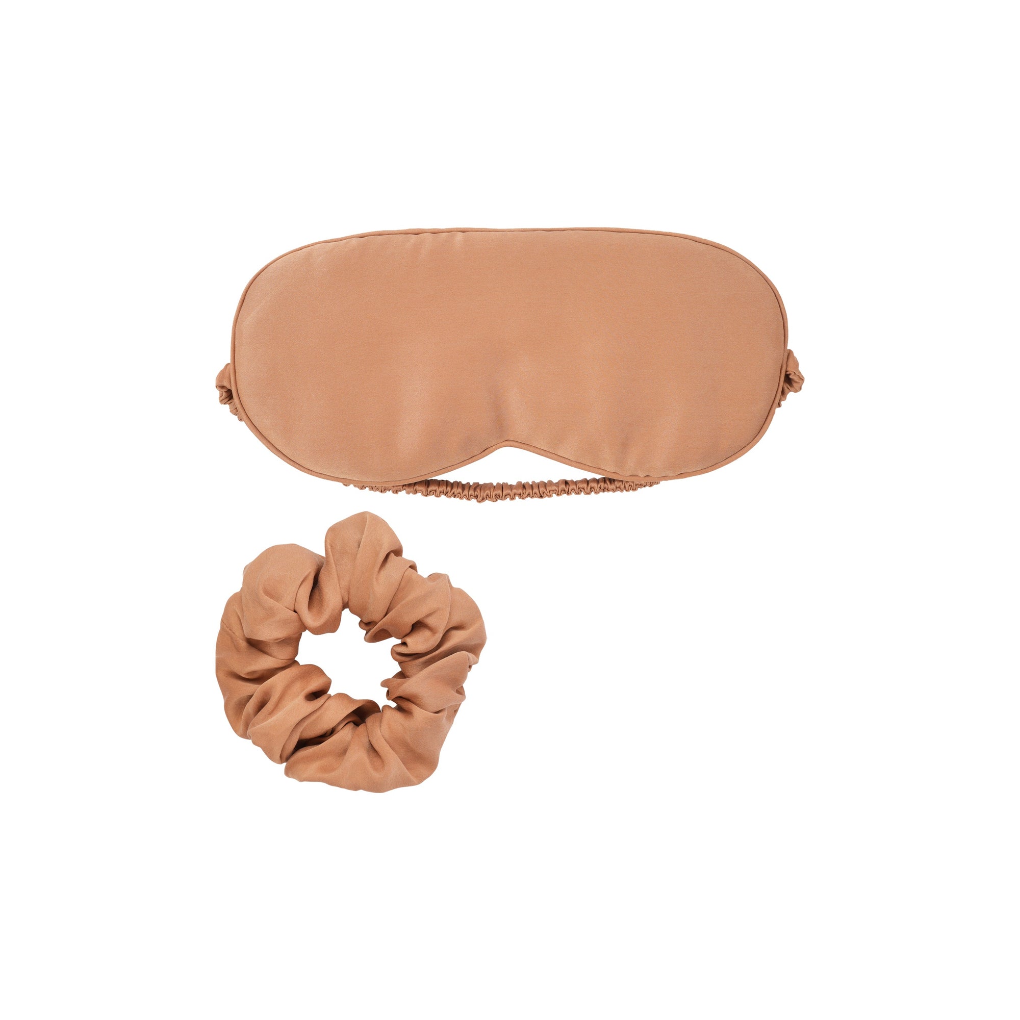 Plant-dyed mulberry silk sleep mask and scrunchie in Clay color, handmade in Bali