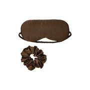 Plant-dyed mulberry silk sleep mask and scrunchie in Chaga color, handmade in Bali