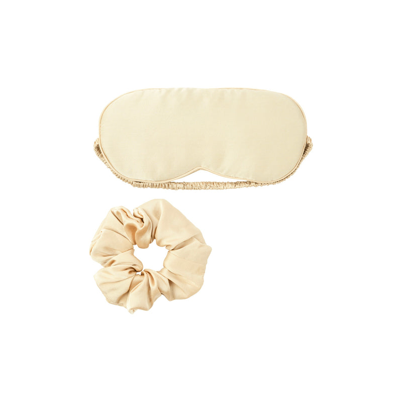 Plant-dyed mulberry silk sleep mask and scrunchie in Vanilla color, handmade in Bali