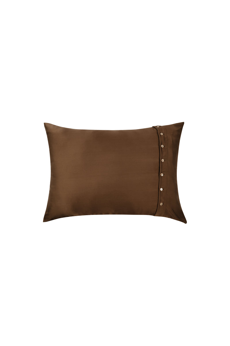 Plant-dyed mulberry silk pillowcase in Chaga Brown color, handmade in Bali