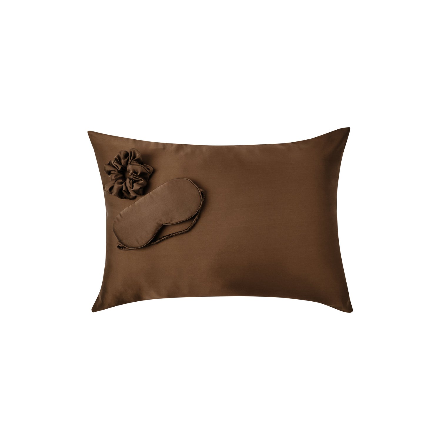 Plant-dyed mulberry silk pillowcase, face mask and scrunchie in Chaga color, handmade in Bali