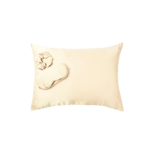 Plant-dyed mulberry silk pillowcase, face mask and scrunchie in Vanilla color, handmade in Bali