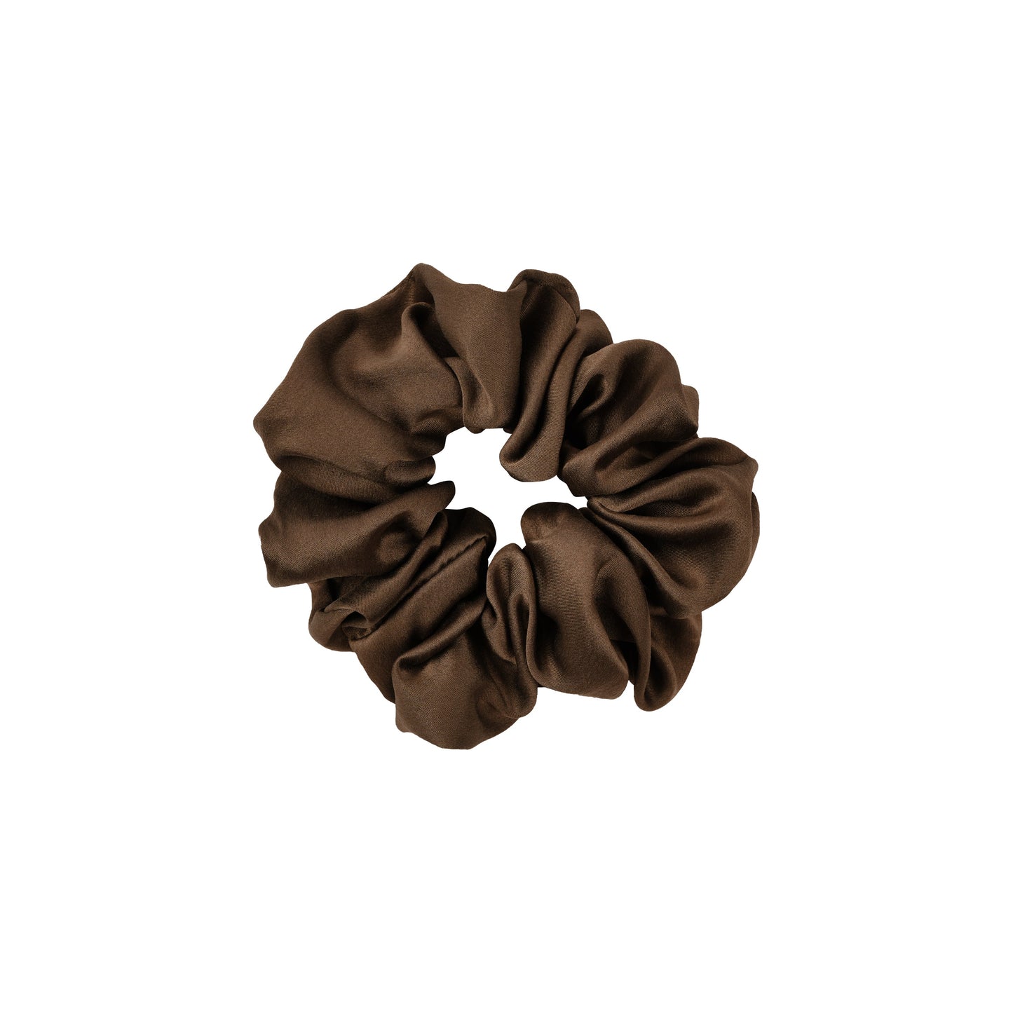 Plant-dyed mulberry silk scrunchie in Chaga Brown color, gentle on hair